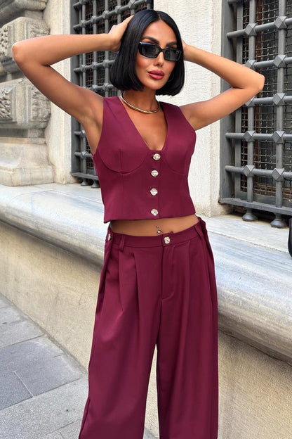 Elegant Double Fabric Vest & Pleated Wide-Leg Pants Set – Navy Blue