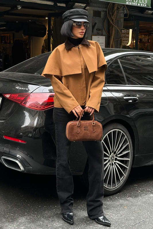 Cape-Style Trench Jacket with Velvet Collar – Short Cotton Blend Coat – Camel