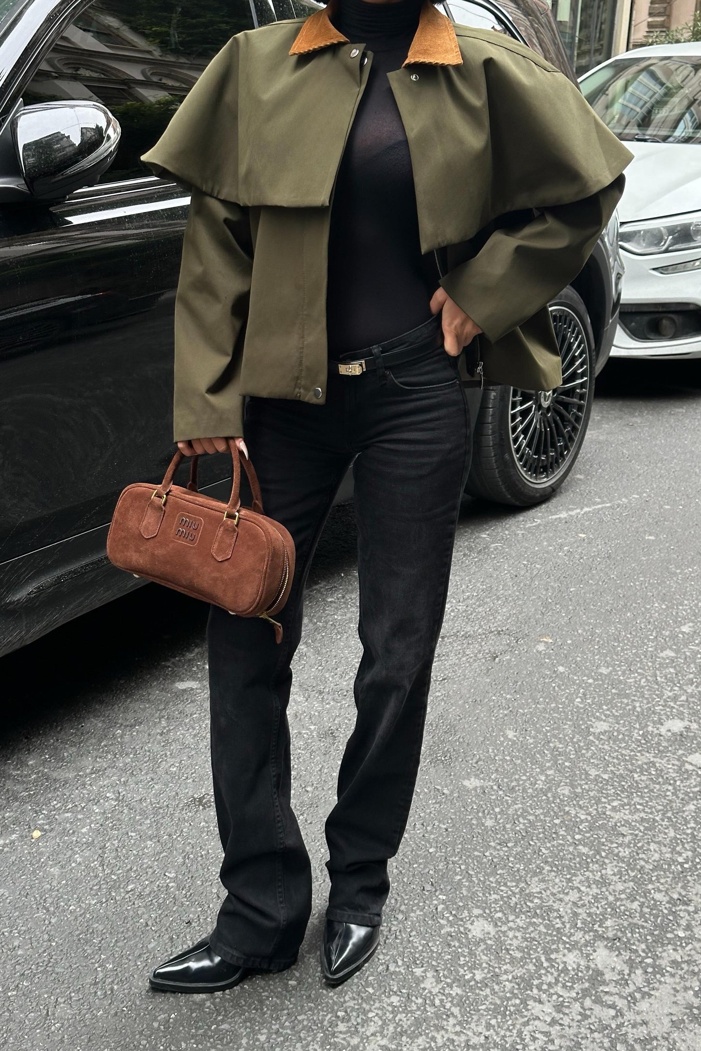 Cape-Style Trench Jacket with Velvet Collar – Short Cotton Blend Coat – Navy Blue