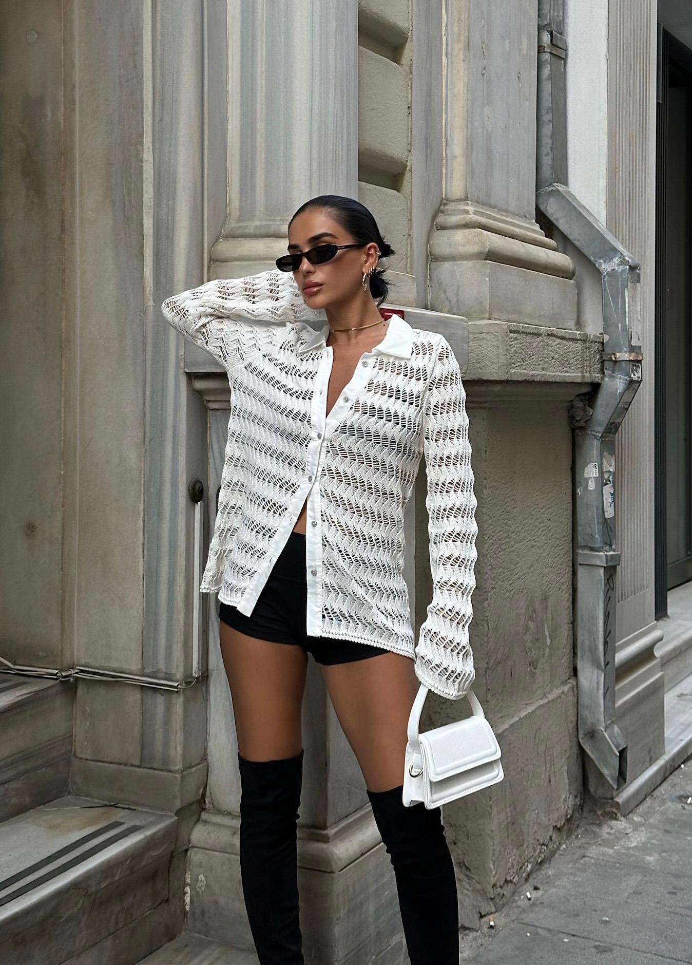 Openwork Polo Collar Knit Cardigan – Elegant Button-Up Cotton Blend Top for Daily Chic Style – White