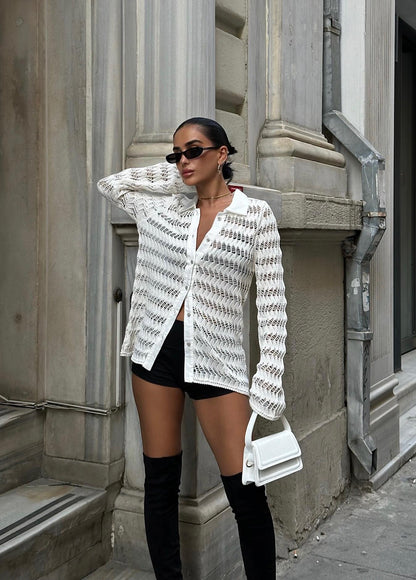 Openwork Polo Collar Knit Cardigan – Elegant Button-Up Cotton Blend Top for Daily Chic Style – White