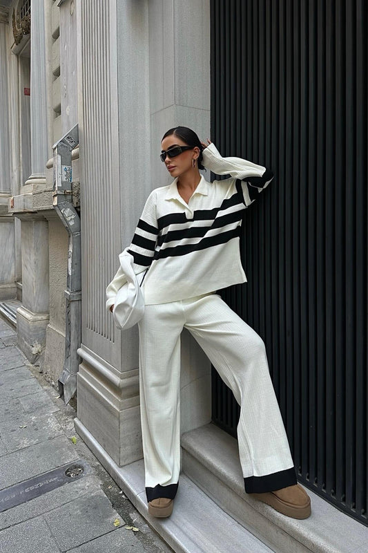 Cerly Striped Knit Sweater & Pants Set – Casual Ribbed Knit Two-Piece Outfit