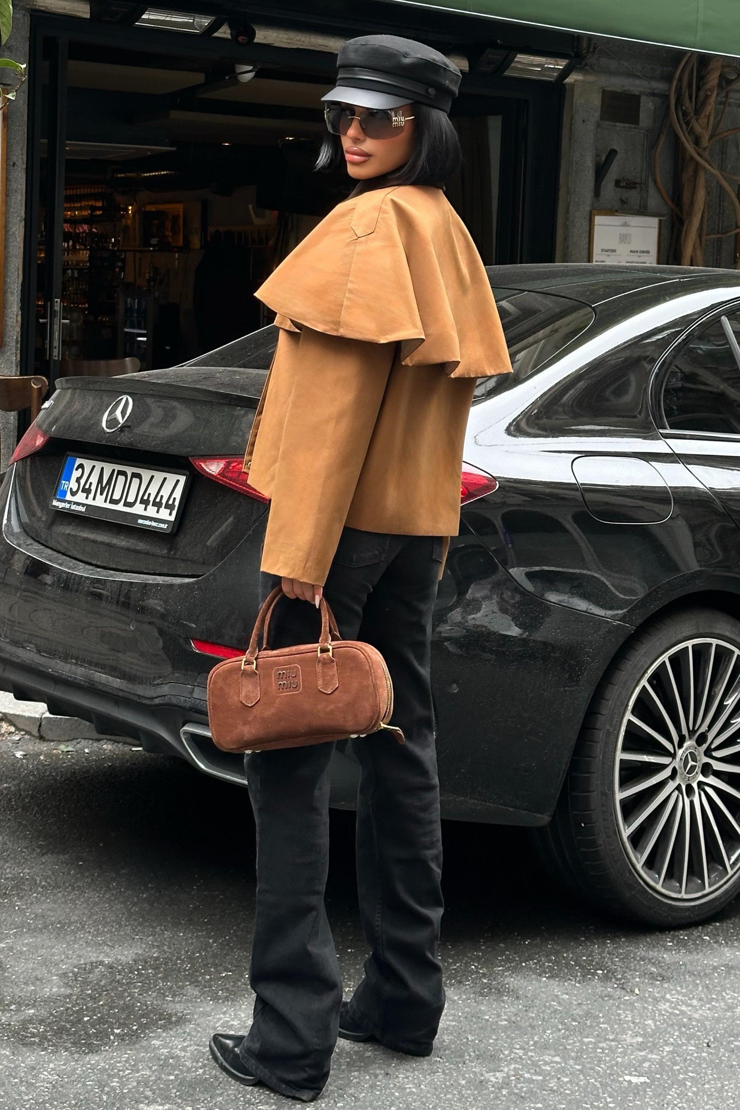Cape-Style Trench Jacket with Velvet Collar – Short Cotton Blend Coat – Navy Blue
