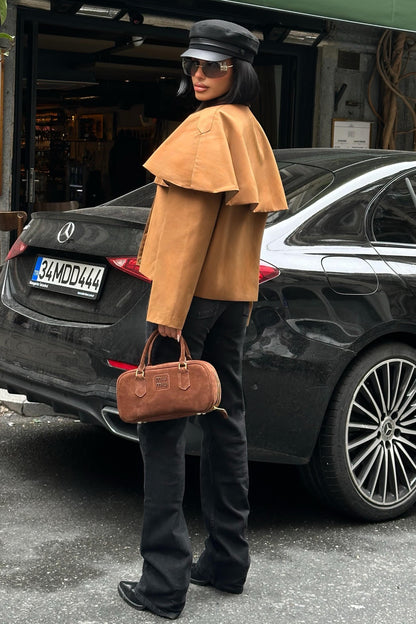 Cape-Style Trench Jacket with Velvet Collar – Short Cotton Blend Coat – Navy Blue