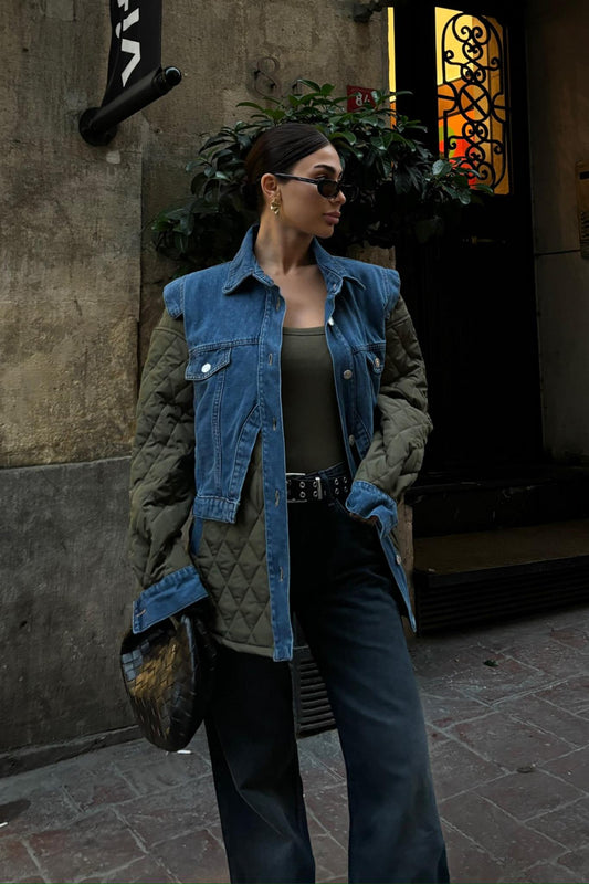 Denim Panel Quilted Long Jacket – Two-Tone Streetwear Layer for Effortless Cool