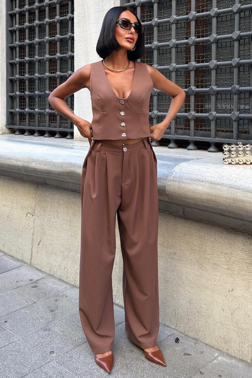 Elegant Double Fabric Vest & Pleated Wide-Leg Pants Set – Navy Blue