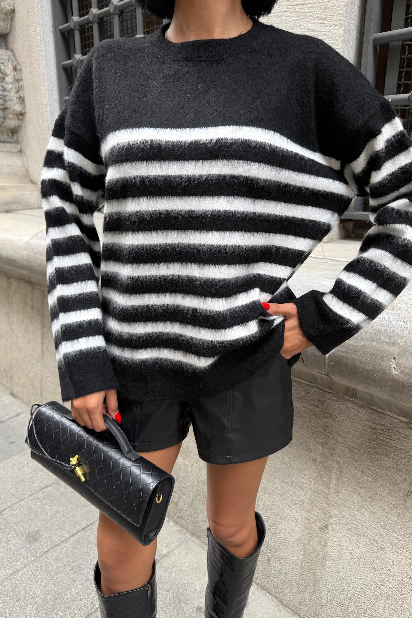 Contrast Striped Knit Sweater – Minimalist Cozy Pullover – Black