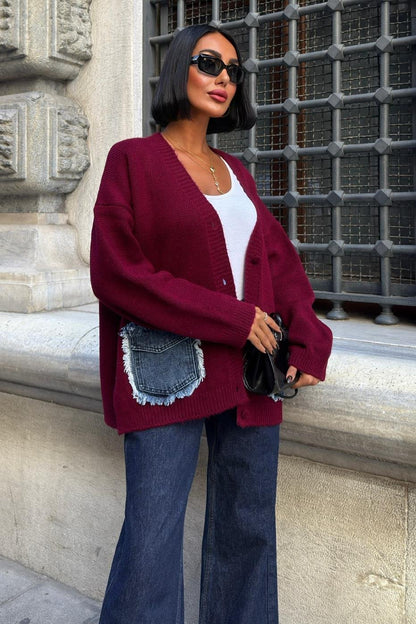 Luxury Oversized Cotton Blend Cardigan with Denim Detail - V-Neck – Maroon