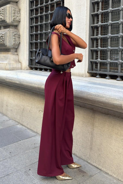 Elegant Double Fabric Vest & Pleated Wide-Leg Pants Set – Navy Blue