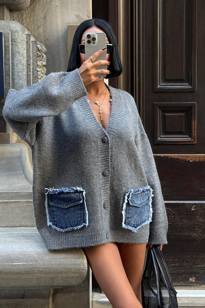 Luxury Oversized Cotton Blend Cardigan with Denim Detail - V-Neck – Maroon