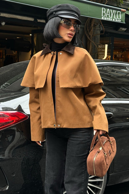 Cape-Style Trench Jacket with Velvet Collar – Short Cotton Blend Coat – Navy Blue