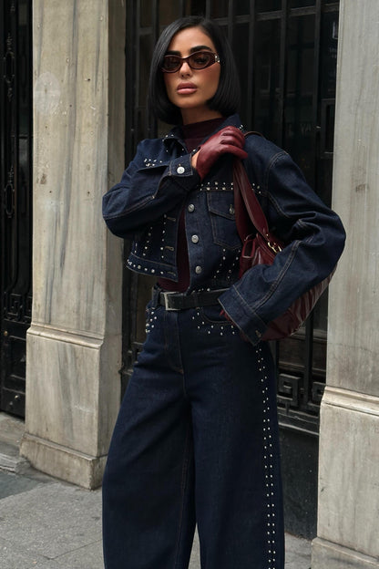✨ Studded Denim Jacket & Wide-Leg Pants Set – 100% Cotton Premium Streetwear Co-ord