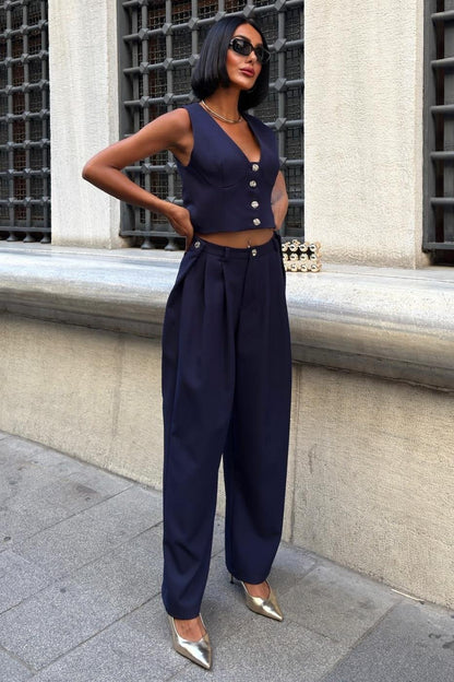Elegant Double Fabric Vest & Pleated Wide-Leg Pants Set – Navy Blue
