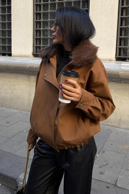 Faux Fur Collar Parka Bomber Jacket – Street-Chic Everyday Outerwear – Beige