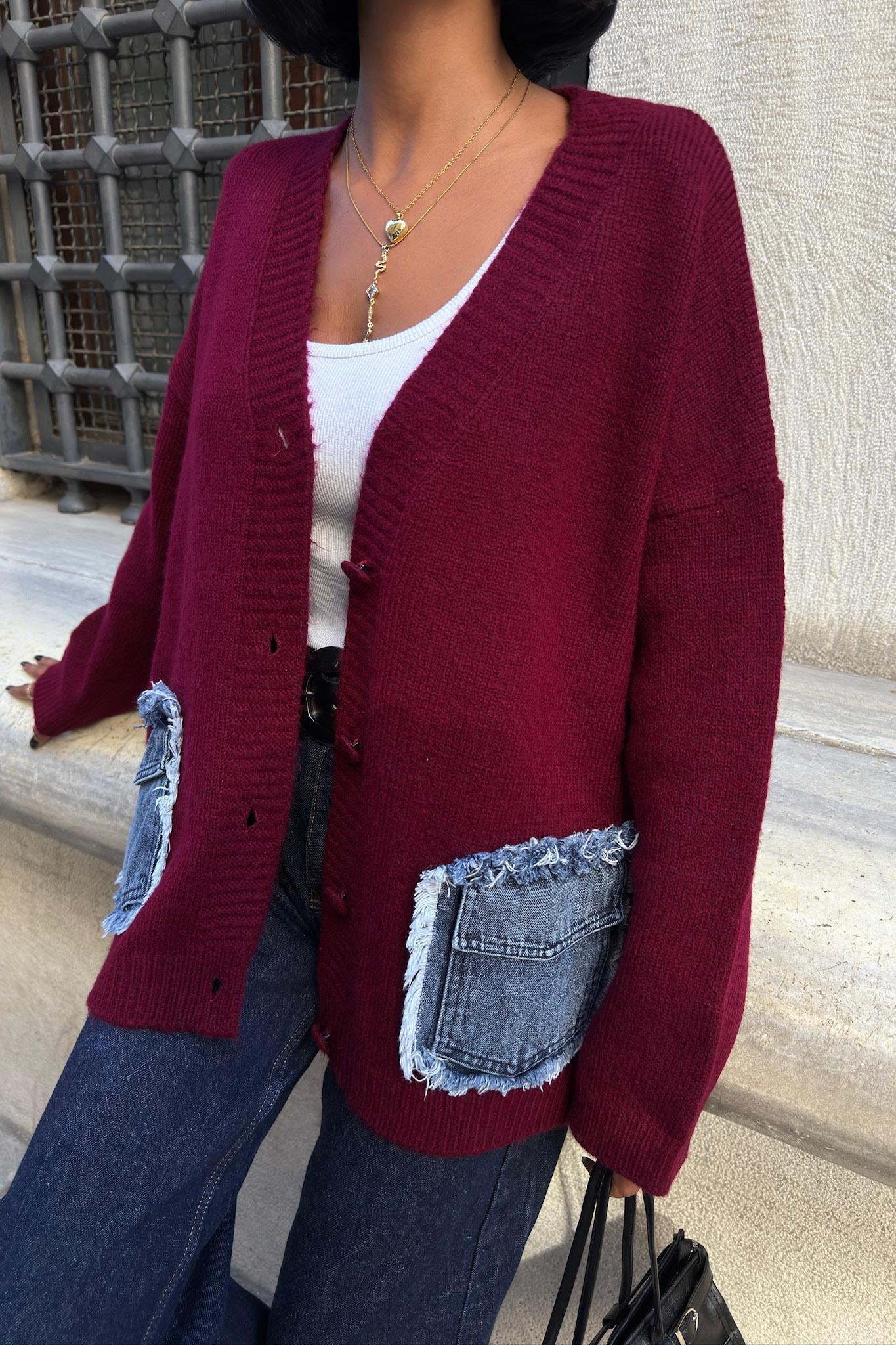 Luxury Oversized Cotton Blend Cardigan with Denim Detail - V-Neck – Maroon