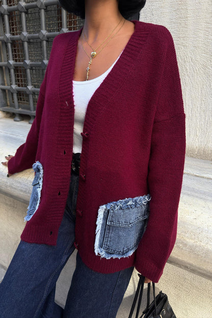 Luxury Oversized Cotton Blend Cardigan with Denim Detail - V-Neck – Maroon