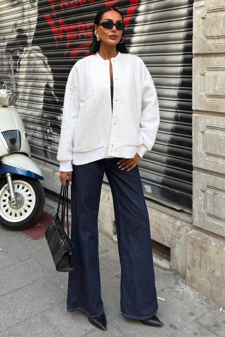 Teddy Textured Bomber Jacket – Cozy Street Style in White & Brown