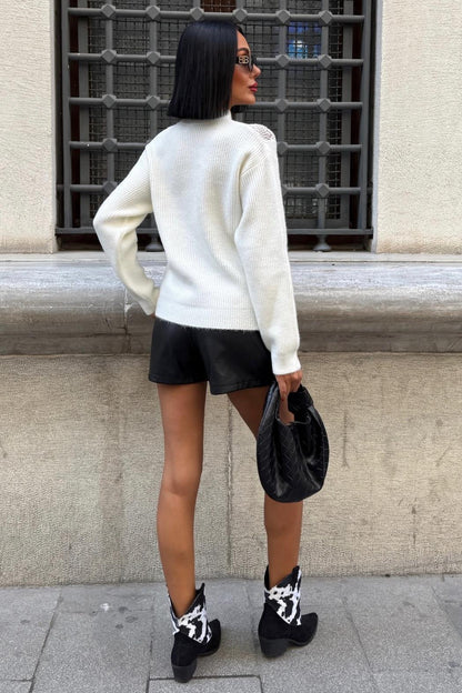 ✨ V-Pattern Knit Sweater – Chic Mock Neck Cotton Blend Pullover – Brown