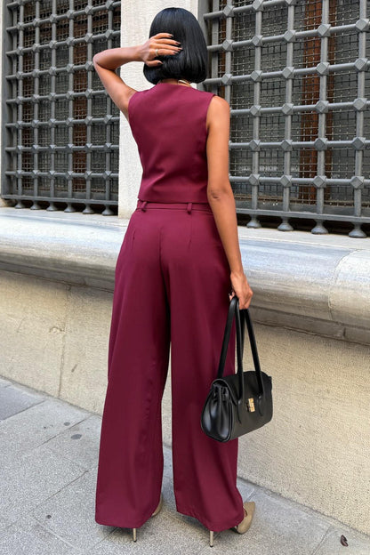 Elegant Double Fabric Vest & Pleated Wide-Leg Pants Set – Navy Blue