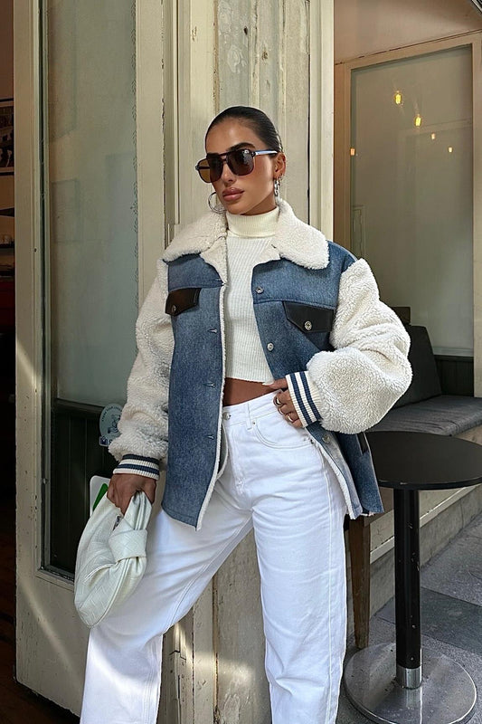 Denim & Sherpa Panel Bomber Jacket – Cozy Street Chic Contrast Design