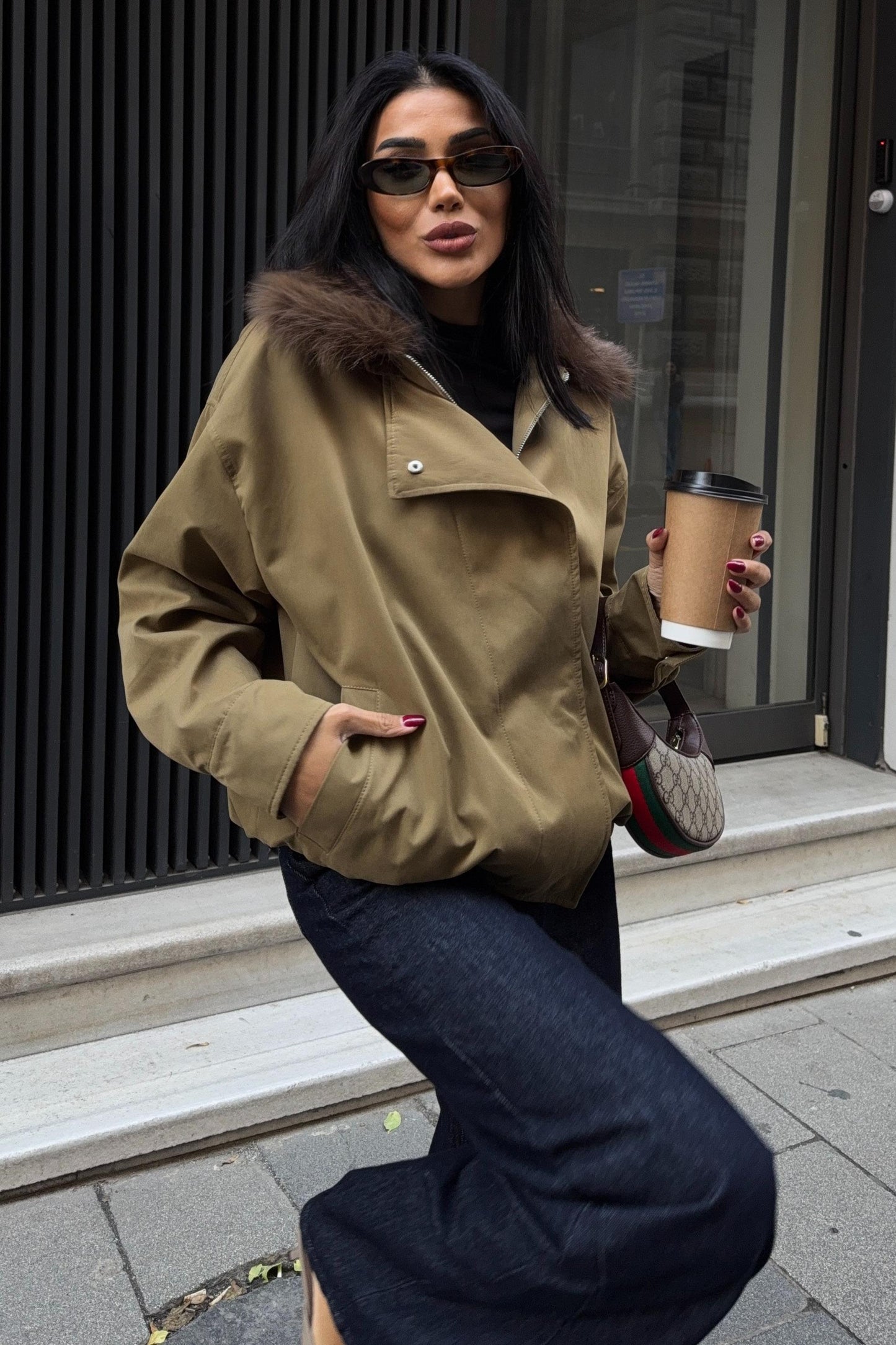 Faux Fur Collar Parka Bomber Jacket – Street-Chic Everyday Outerwear – Beige