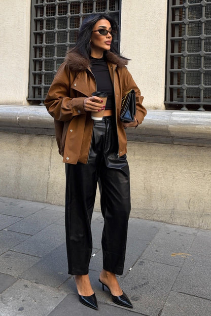 Faux Fur Collar Parka Bomber Jacket – Street-Chic Everyday Outerwear – Beige