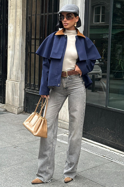 Cape-Style Trench Jacket with Velvet Collar – Short Cotton Blend Coat – Navy Blue