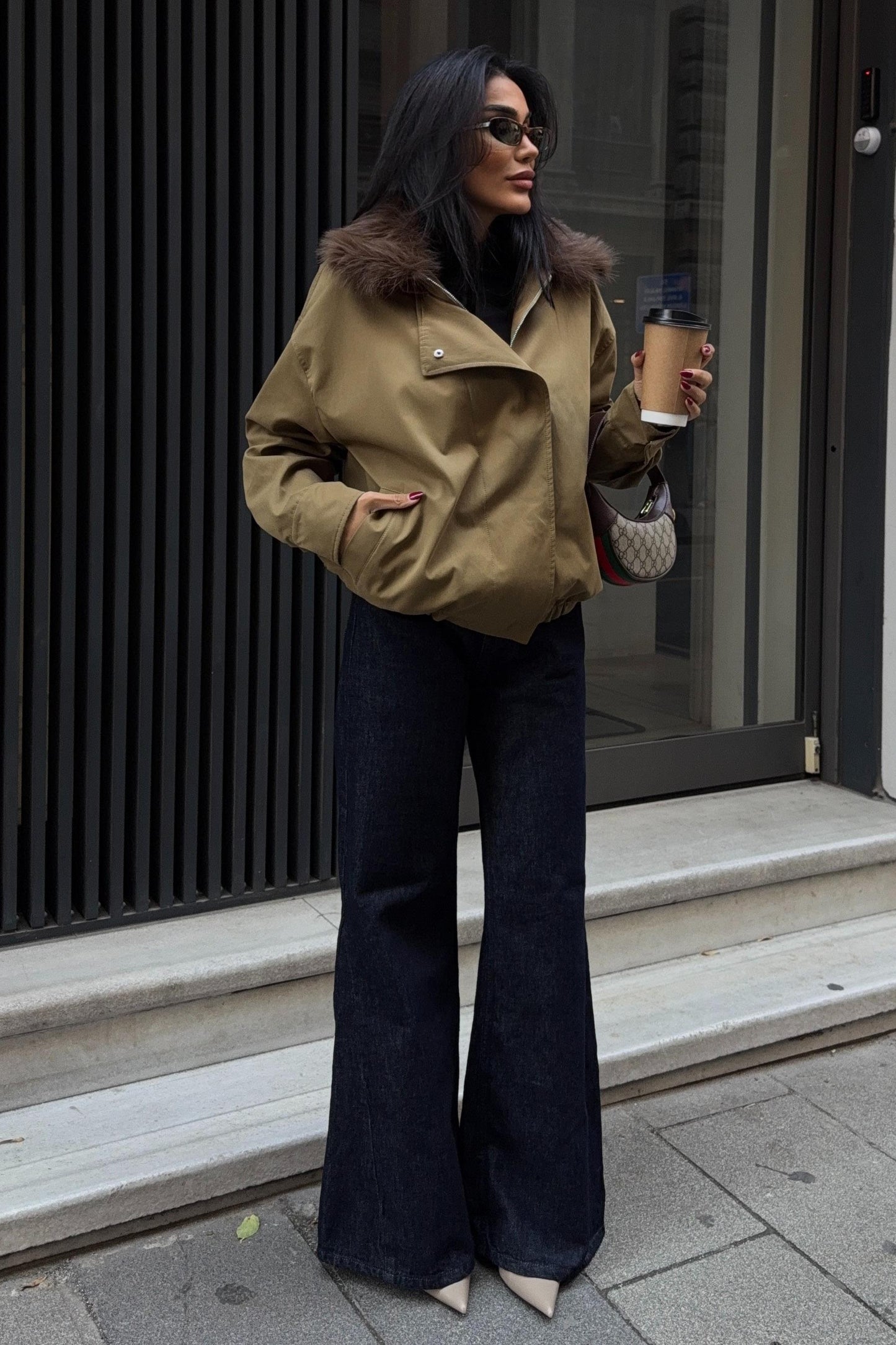 Faux Fur Collar Parka Bomber Jacket – Street-Chic Everyday Outerwear – Beige