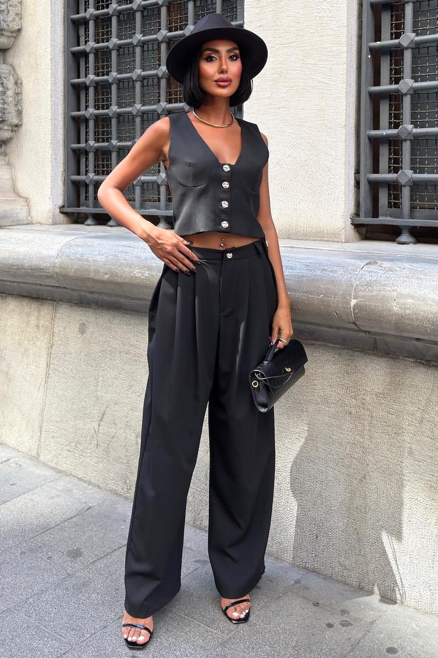 Elegant Double Fabric Vest & Pleated Wide-Leg Pants Set – Navy Blue