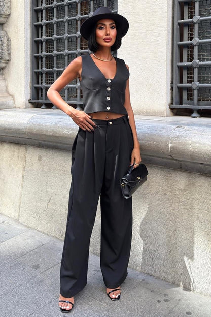 Elegant Double Fabric Vest & Pleated Wide-Leg Pants Set – Navy Blue