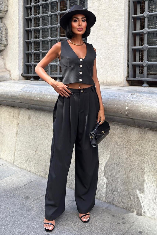 Elegant Double Fabric Vest & Pleated Wide-Leg Pants Set – Black