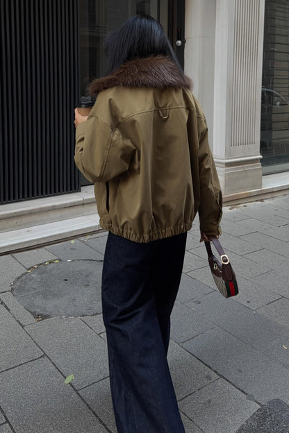 Faux Fur Collar Parka Bomber Jacket – Street-Chic Everyday Outerwear – Beige