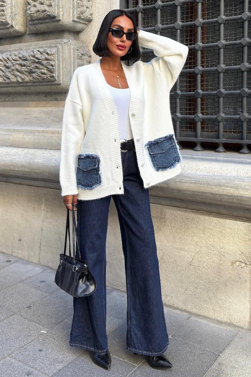 Luxury Oversized Cotton Blend Cardigan with Denim Detail - V-Neck – Maroon