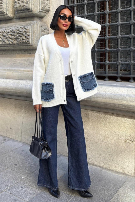 Luxury Oversized Cotton Blend Cardigan with Denim Detail - V-Neck – Ecru