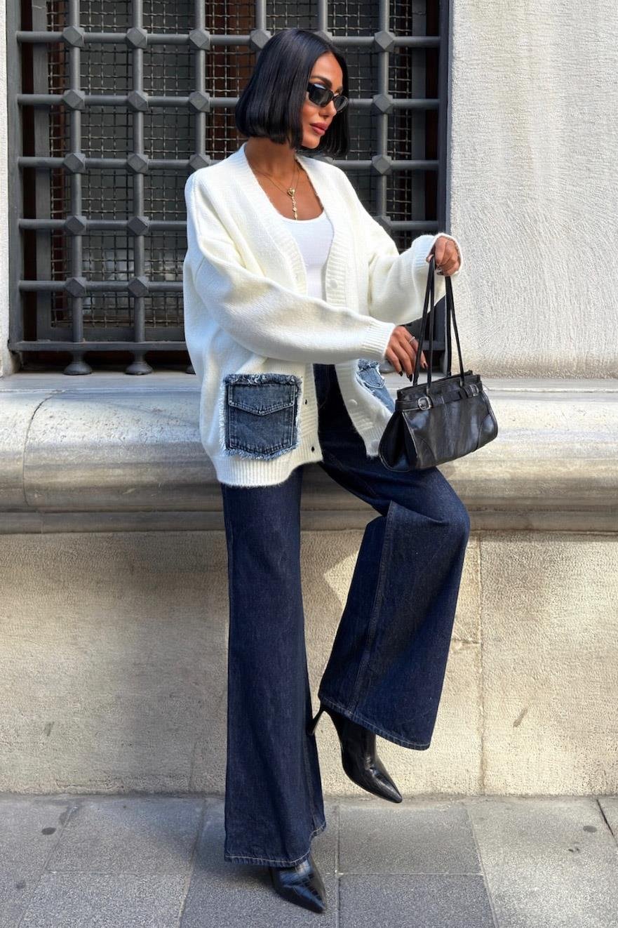 Luxury Oversized Cotton Blend Cardigan with Denim Detail - V-Neck – Maroon