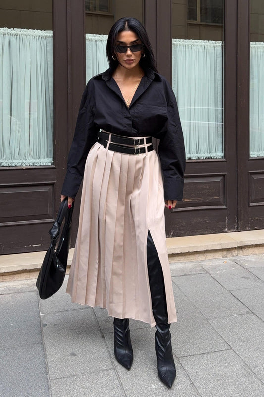 Double Belt Detailed Pleated Maxi Skirt with Front Slit – Cream