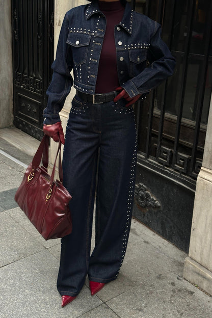 ✨ Studded Denim Jacket & Wide-Leg Pants Set – 100% Cotton Premium Streetwear Co-ord