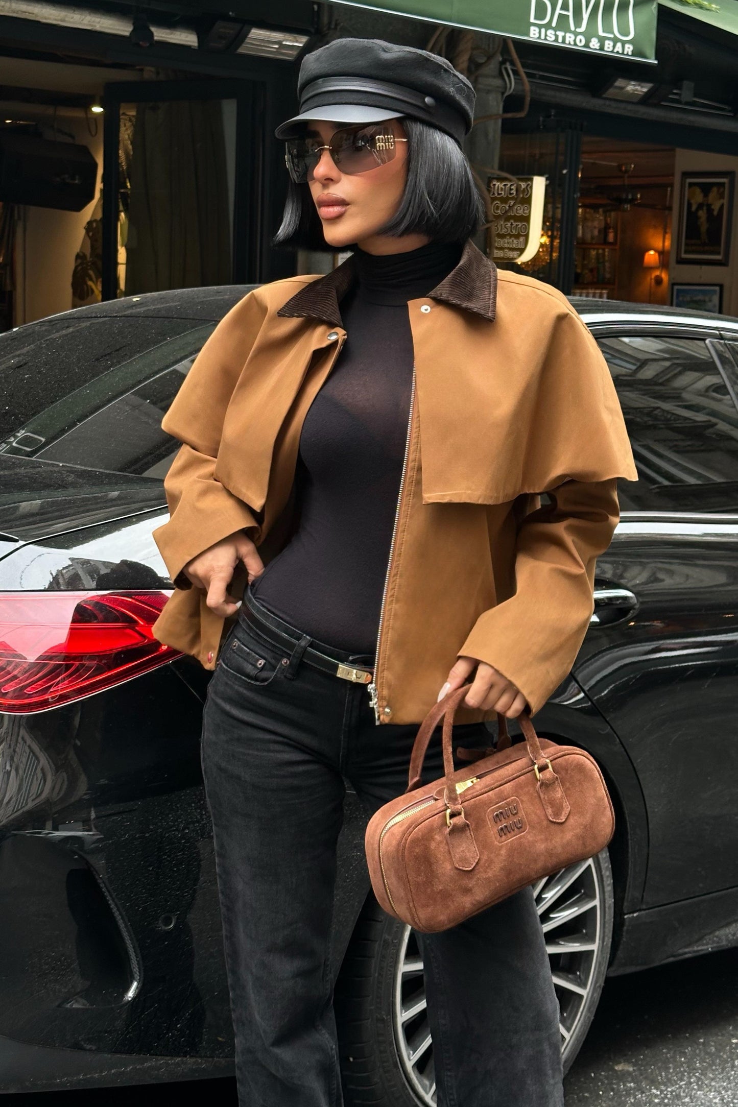 Cape-Style Trench Jacket with Velvet Collar – Short Cotton Blend Coat – Navy Blue