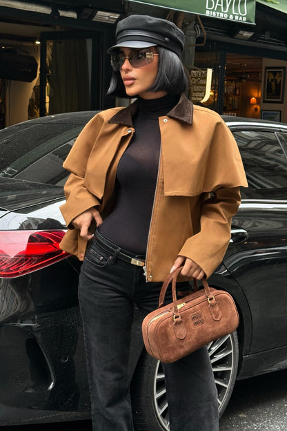 Cape-Style Trench Jacket with Velvet Collar – Short Cotton Blend Coat – Navy Blue