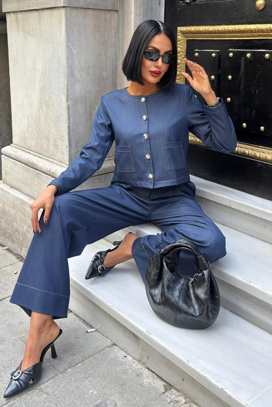 Tailored Stitch Detail Set with Palazzo Pants – Chic Business Two-Piece