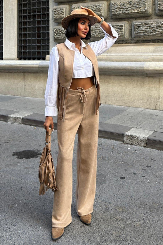 Fringe Detail Suede Vest & Pants Set – Boho Western Chic Outfit