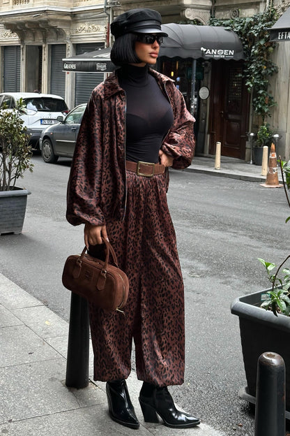 Leopard Satin Bomber Jacket & Harem Pants Premium Set