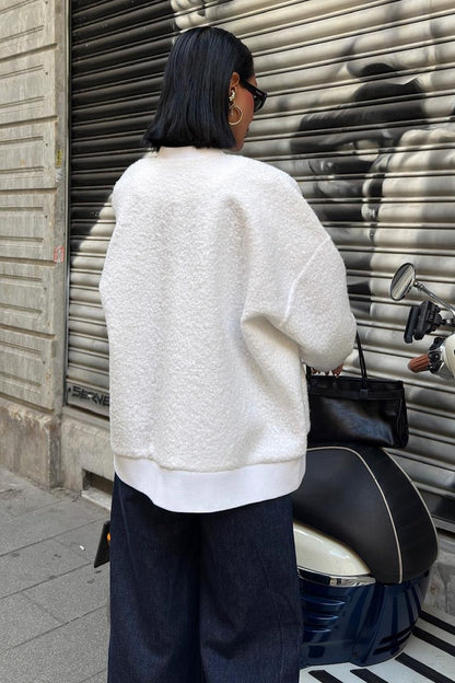 Teddy Textured Bomber Jacket – Cozy Street Style in White & Brown