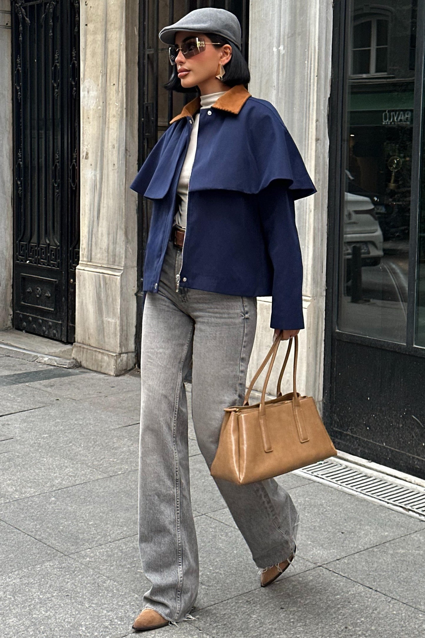 Cape-Style Trench Jacket with Velvet Collar – Short Cotton Blend Coat – Navy Blue