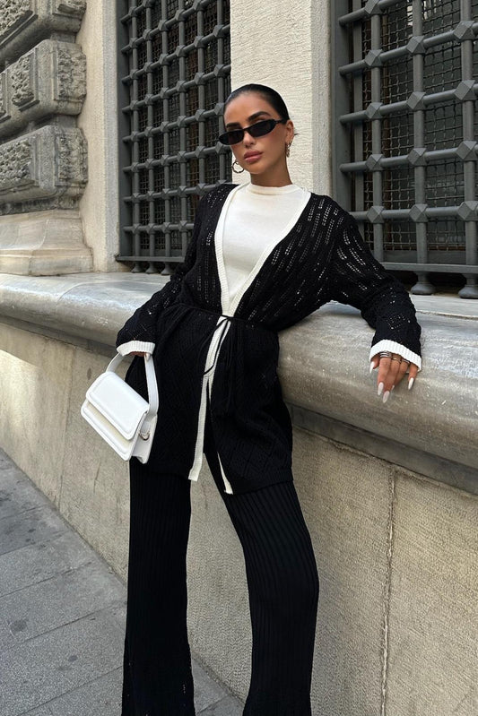 Elegant Knit Patterned Two-Tone Set – Openwork Detail & Belted Cardigan – Black