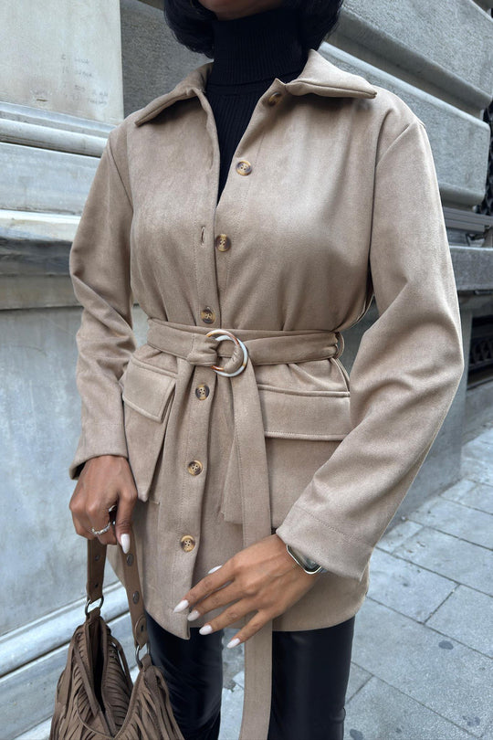 Suede Belted Midi Jacket – Casual Elegance for Every Occasion