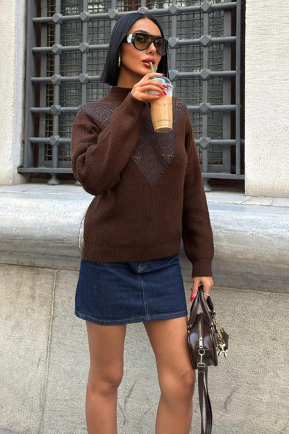 ✨ V-Pattern Knit Sweater – Chic Mock Neck Cotton Blend Pullover – Brown