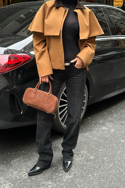 Cape-Style Trench Jacket with Velvet Collar – Short Cotton Blend Coat – Navy Blue