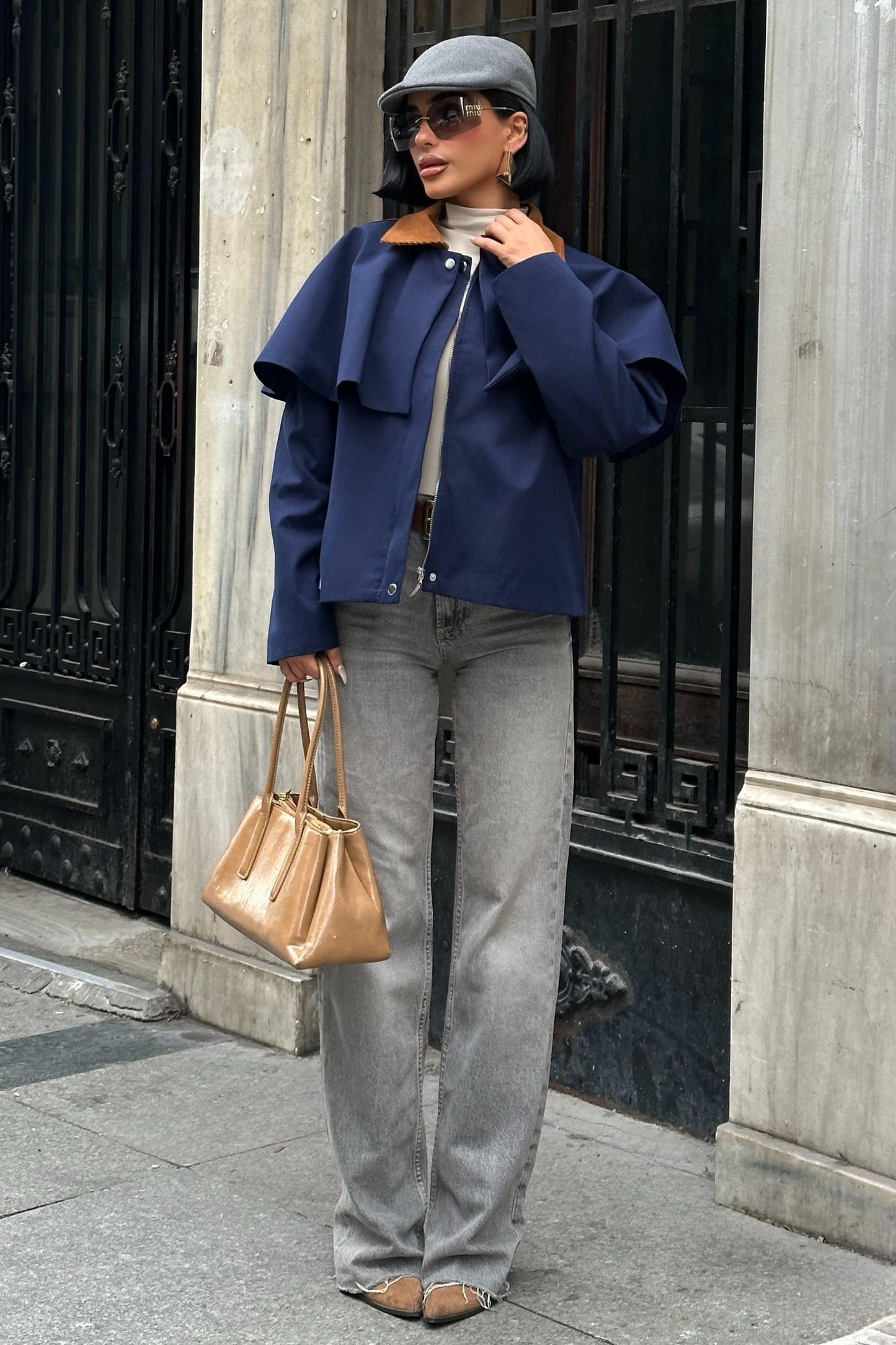 Cape-Style Trench Jacket with Velvet Collar – Short Cotton Blend Coat – Navy Blue