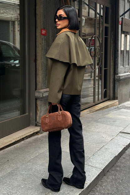 Cape-Style Trench Jacket with Velvet Collar – Short Cotton Blend Coat – Navy Blue